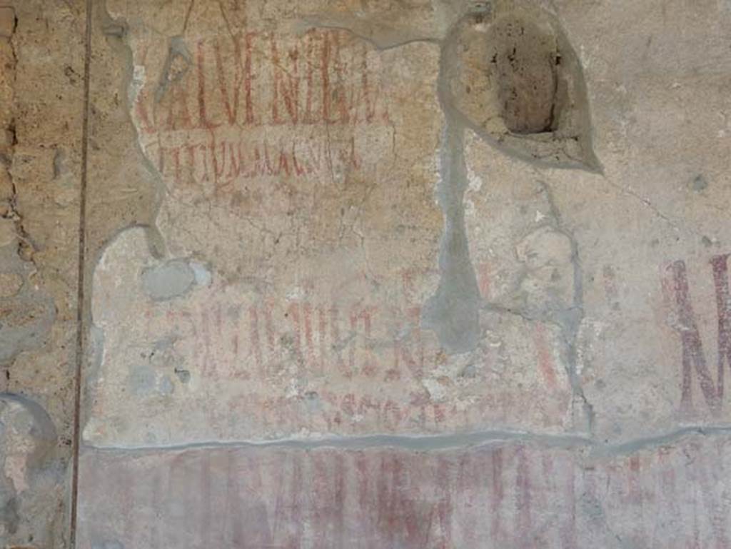 IX.12.7 Pompeii. May 2017. Detail of graffiti on west side of panel between IX.12.6 and IX.12.7. Photo courtesy of Buzz Ferebee.
