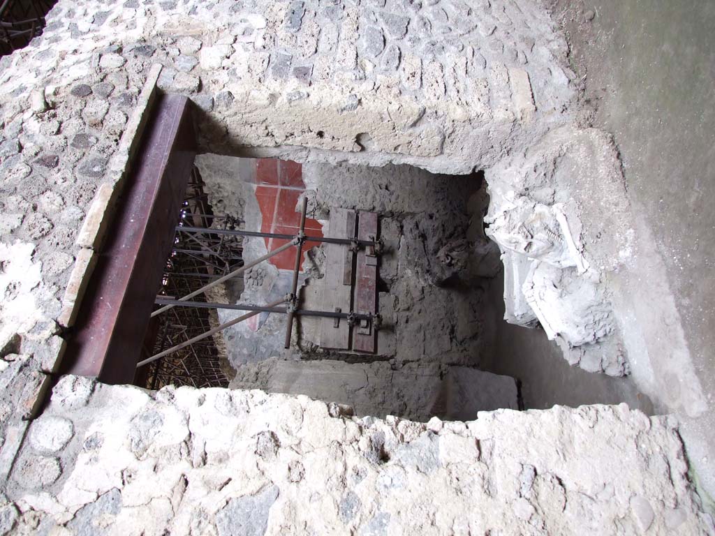 IX.12.8 Pompeii. May 2010. Mule or donkey skeleton in the stable entrance.  
Looking west. Photo courtesy of Rick Bauer
