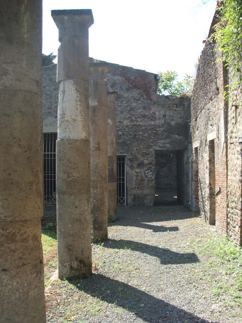 IX.14.4 Pompeii. May 2005. Oecus in south west corner overlooking the west side of the peristyle. West wall.