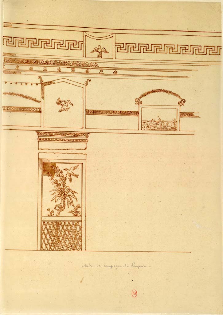 HGW24 Pompeii. Mai 1823? Sketch by Antoine-Marie Chenavard of detail from top and lower part of the portico wall. 
See Chenavard, Antoine-Marie (1787-1883) et al. Voyage d'Italie, croquis Tome 3, pl. 115.
INHA Identifiant numérique : NUM MS 703 (3). See Book on INHA 
Document placé sous « Licence Ouverte / Open Licence » Etalab   
