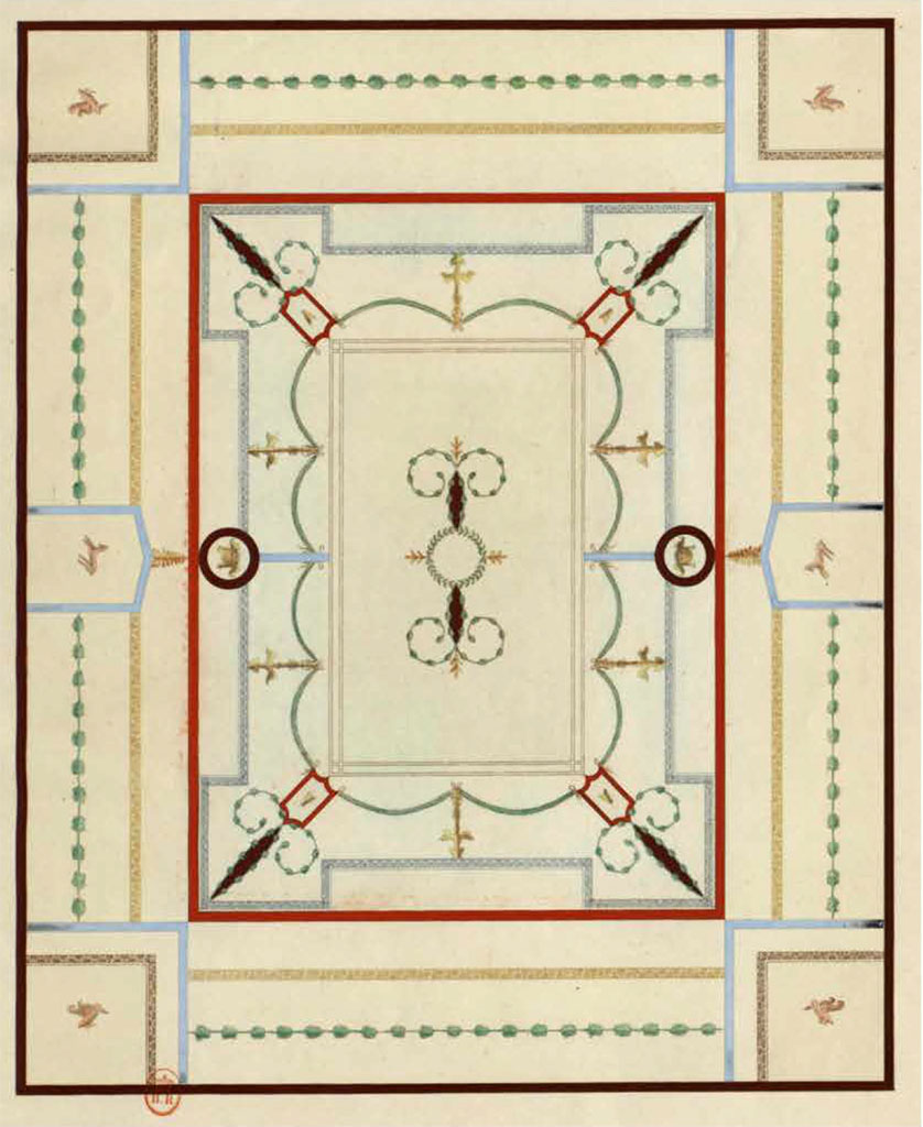 HGW24 Pompeii. Undated drawing of painted ceiling of one of the rooms on the east side of the garden area, by Raoul Rochette.
[Fontaine room 5.10?]
