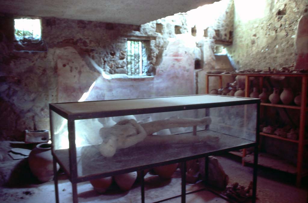 Villa dei Misteri, Pompeii. October 1981. Room 32, body cast.
Photo courtesy of Rick Bauer, from Dr George Fay’s slides collection.
