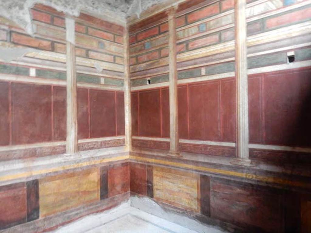 Villa of Mysteries, Pompeii. May 2015. Room 15, north-west corner of room with second style painting. Photo courtesy of Buzz Ferebee.
