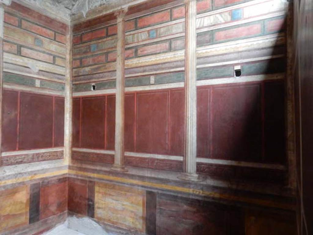 Villa of Mysteries, Pompeii. May 2015. Room 15, north wall of room with second style painting. Photo courtesy of Buzz Ferebee.
