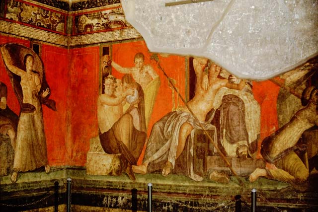 Villa of Mysteries, Pompeii. May 2010. Room 5, detail from south wall.