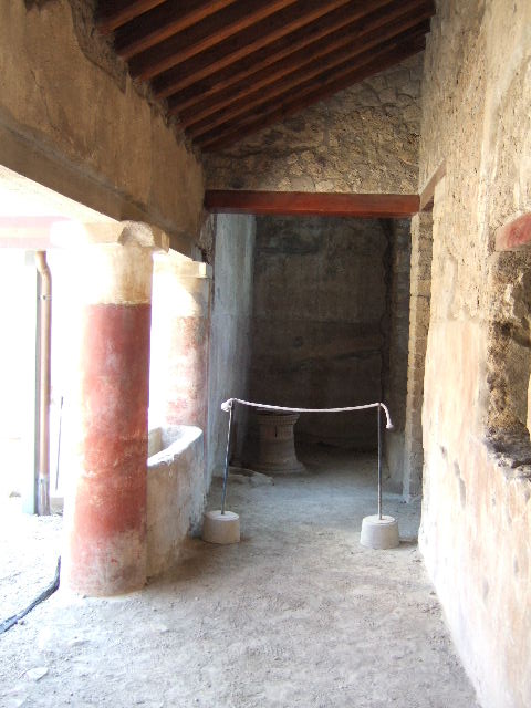 18 dolia at Villa Regina, Boscoreale. May 2006. Room 6, cella vinaria. After the grapes were pressed, the juice of the grapes was fermented in these dolia embedded in the courtyard.
According to the Boscoreale Antiquarium, this villa was used exclusively for the production of wine. This is shown by the presence of a torcularium and a cella vinaria. Paleo-botanic research has shown the presence of a vineyard which has today been replanted.