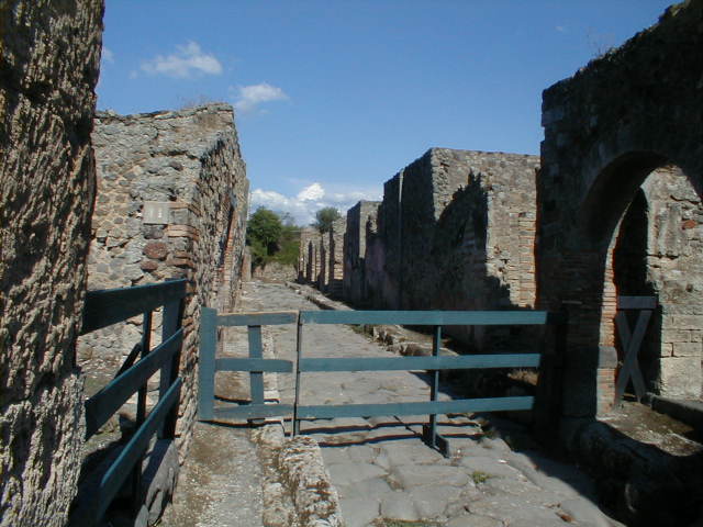 Unnamed vicolo between IX.2 and IX.3. Looking west from the junction with Vicolo di Tesmo towards Via Stabiana. March 2009.