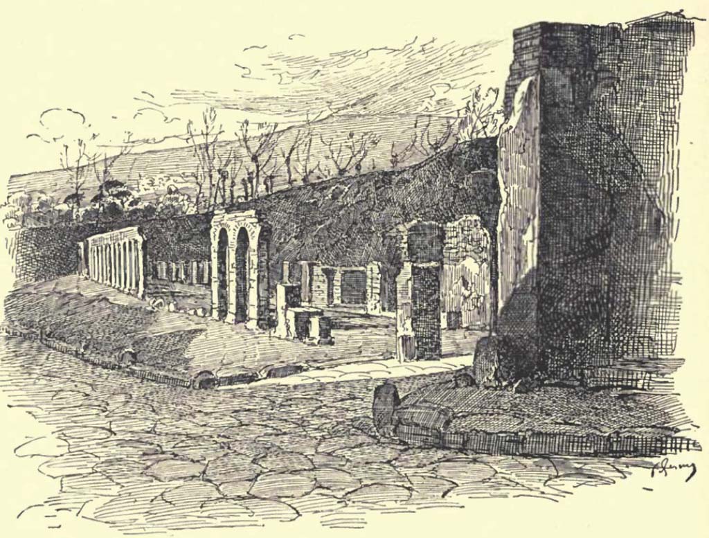 Via dei Sepolcri, east side. Drawing, c.1899, of street and colonnade. 
See Gusman P., 1900. Pompeii: The City, Its Life & Art. London: Heinemann, p. 224.
