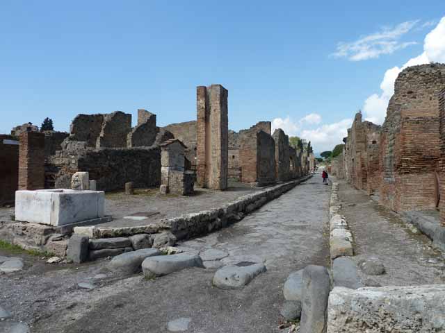 Via del Vesuvio between VI.14 and V.1. Looking north from the Quadrivio. March 2009. Via del Vesuvio is shown on some plans as the northern end of Via Stabiana running from this crossroads to the Vesuvian Gate.
According to Fiorelli, the first excavations of Pompeii started near this crossroads on 1st April 1748. See Pappalardo, U., 2001. La Descrizione di Pompei per Giuseppe Fiorelli (1875). Napoli: Massa Editore. (p. 155).
