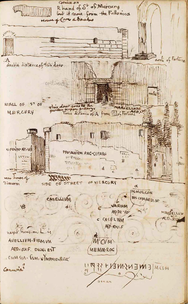Via di Mercurio, Pompeii. Drawing by Gell c.1830 of sequence of wall fronts at VI.10 with graffiti.
See Gell, W. Sketchbook of Pompeii, c.1830. 
See book from Van Der Poel Campanian Collection on Getty website http://hdl.handle.net/10020/2002m16b425
