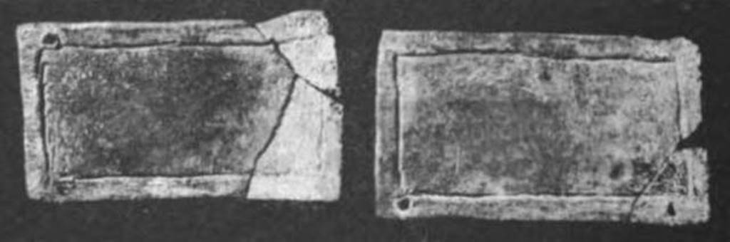 Pompeii Fondo Azzolini. Tomb 10. Two lead curse tablets, width 0.08m by 0.05m were found near to the ground, in front of the uninscribed columella of the Tomb.
See Notizie degli Scavi di Antichit, 1916, p. 304, fig. 15.
See Cooley, A. and M.G.L., 2004. Pompeii: A Sourcebook. London: Routledge. (p. 138).
