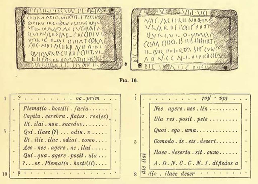 Pompeii Fondo Azzolini. Tomb 10. Drawing and interpretation of the two lead curse tablets. See Notizie degli Scavi di Antichit, 1916, p. 304-5, fig. 16.
According to Cooley one damning a victims face, hair, brain, lungs and kidneys.
See Cooley, A. and M.G.L., 2004. Pompeii: A Sourcebook. London: Routledge. (p. 138).

According to Epigraphik-Datenbank Clauss/Slaby (See www.manfredclauss.de) these read

]ssun (h)oc prim[um 3] 
P(hi)lematio Hostili facia[m 3]
capil(l)u(m) cerebru(m) flatus ren[es 3] 
ut il(l)a<e=I> non suc(c)edat n[ec 3] 
qui praec[3] odiu(m) v[3]
ut il(l)<e=IC> il(l)a<m=C> od<e=I>(r)i{a}t <q=C>(u)omo[do 3]
(h)aec nec agere ne(c) il(l)a<e=I>{c} [3]
qui(c)qua(m) agere pos(s)it ul(l)a [3]
E E pos P(hi)lematio Hosti[li]

[ // nec agere nec lin[gua nec]
ul(l)a(s) res pos(s)it pete[re]
quae ul(l)o (h)uma[no 3]
 <q=C>(u)omodo is eis desert[us]
il(l)a{ec} deserta sit cun(n)o
a(nte) d(iem) N(onum) <K=C>(alendas) N(ovembres) d<e=I>fi<x=CD>os a
dic il(l)a{ec} deser[ta 3]
[6]
[3]ida fiat [3]
dic il(l)ae [ 

Vestilia Hostili       [CIL IV 9251]
