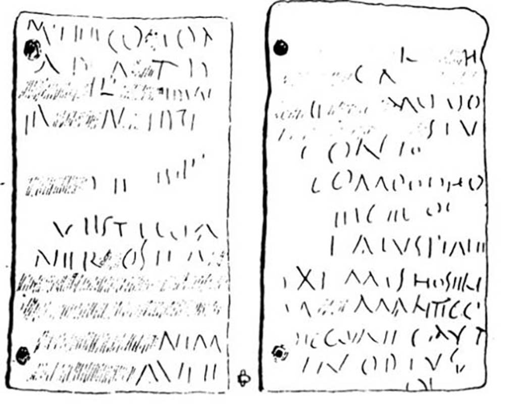 Pompeii Fondo Azzolini. Tomb 10. Drawing of reverse of the two lead curse tablets.
See Notizie degli Scavi di Antichit, 1916, p. 305-6, fig. 17.
