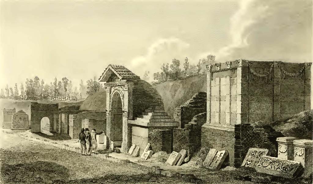HGE06 Pompeii. 1824 drawing of tomb HGE05, HGE06, HGE07, HGE08 and HGE09.
See Gell, W, and Gandy J. P., 1819. Pompeiana. London: Rodwell and Martin, pl. 12.
