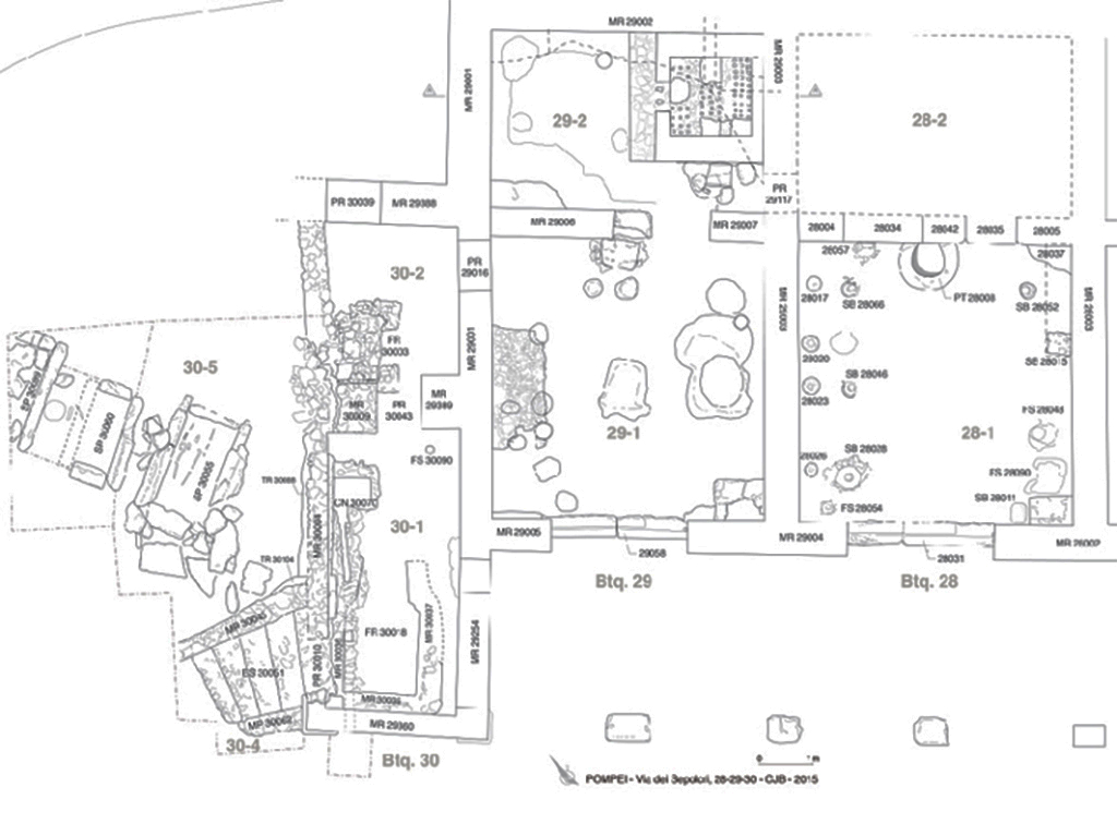 Plan of the potter's workshop (shops N28-N30) and burials HGE31A, HGE31B and HGE32A (1:50th). G. Chapelin, B. Lemaire  CJB/EFR/CNRS - CC BY-NC-ND 4.0

Plan de latelier de potier (boutiques N28-N30) et des spultures HGE31A, HGE31B et HGE32A (1 : 50e). G. Chapelin, B. Lemaire  CJB/EFR/CNRS - CC BY-NC-ND 4.0

See Pompi, Porta Ercolano : organisation, gestion et transformations dune zone suburbaine : Campagne 2015, fig. 15. CEFR 1581
