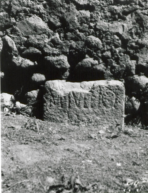 SGD Pompeii. March 2009. Schola south end with remains of carving of paw.