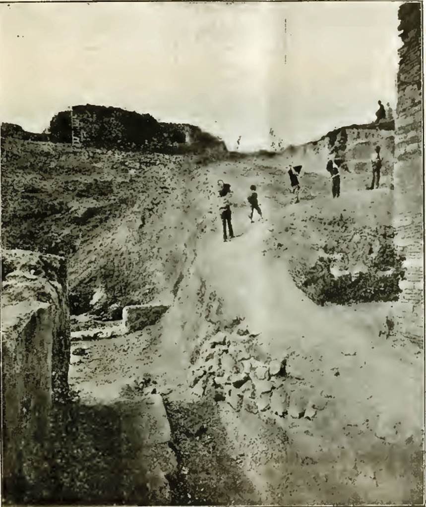 Tower X, Pompeii. During excavations c.1897. Looking north from the end of Vicolo del Labirinto. See Notizie degli Scavi di Antichità, 1897, p153, fig1.