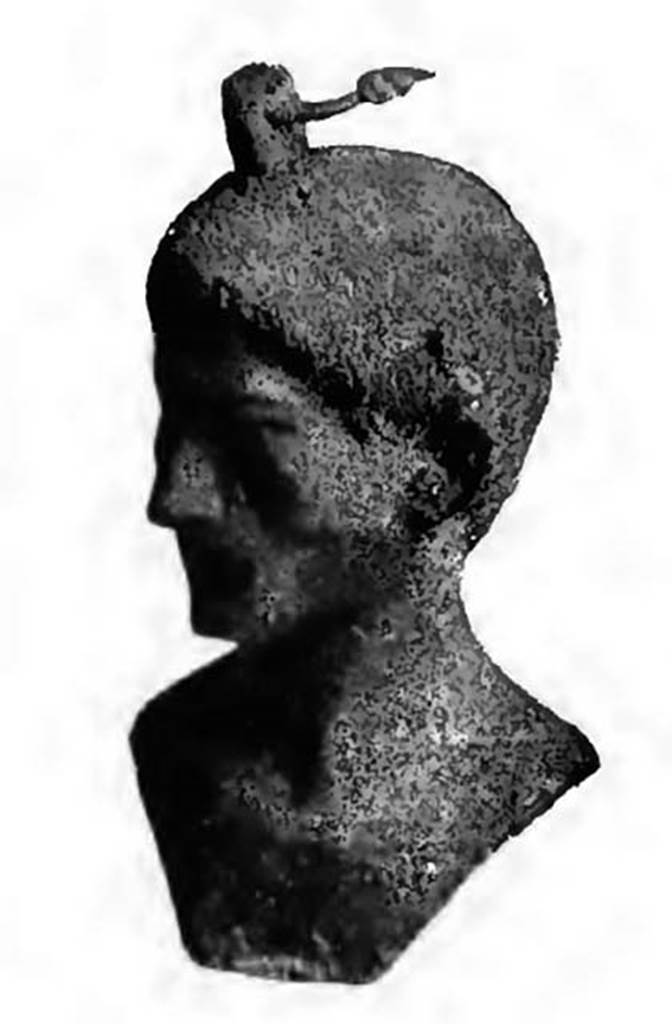 Scafati, Villa rustica detta di Domitius Auctus. 22nd March 1899. Room D.
Bronze virile bust, 0.09m tall, well preserved and well-modelled used by the Romans as a steel-yard. 
See Notizie degli Scavi di Antichit, 1899, p. 397, fig. 8.

