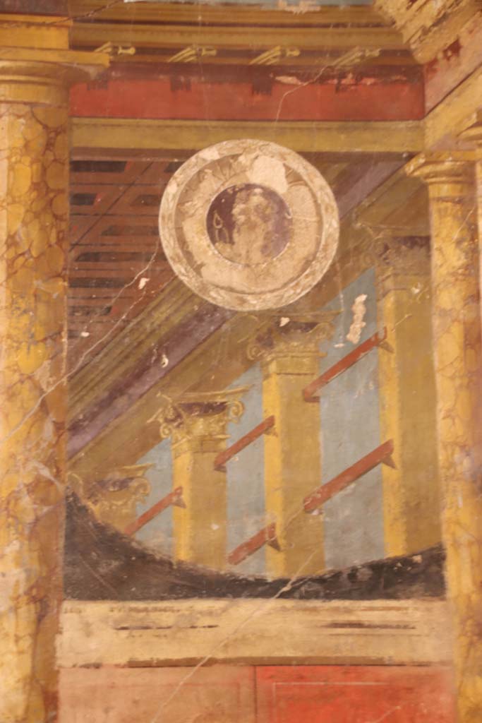 Oplontis Villa of Poppea, September 2021.  
Room 14, detail from right side of central panel of west wall of triclinium. Photo courtesy of Klaus Heese.
