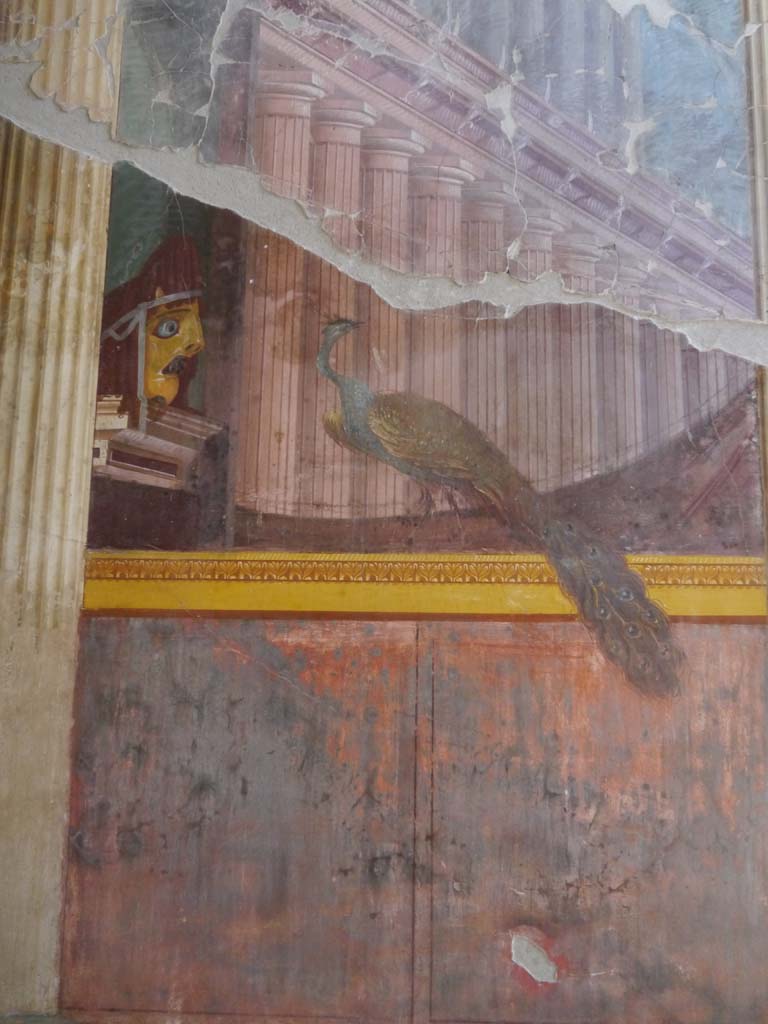 Oplontis Villa of Poppea, September 2018.
Room 15, detail of tragic mask and peacock, from north end of east wall. 
Foto Anne Kleineberg, ERC Grant 681269 DÉCOR.
