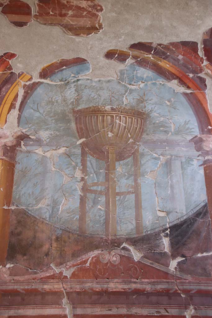 Oplontis, Villa of Poppea, September 2021. 
Room 15, east wall, detail of painting of the Delphic tripod. Photo courtesy of Klaus Heese.

