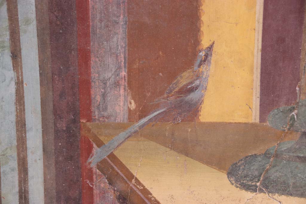 Oplontis Villa of Poppea, September 2021.   
Room 15, painted bird from south side of the Delphic tripod on east wall. Photo courtesy of Klaus Heese.
