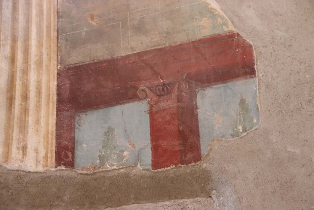 Oplontis Villa of Poppea, September 2021. 
Room 15, detail of decorative painting above doorway to room 14, in east wall in south-east corner. Photo courtesy of Klaus Heese.
