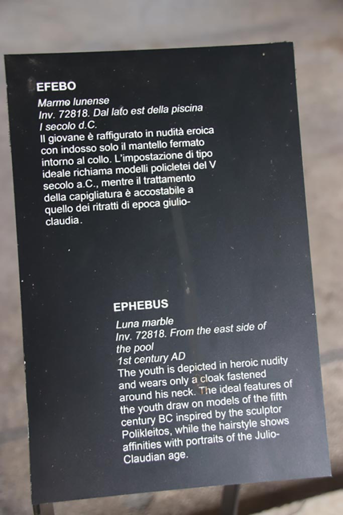 Villa of Poppaea, Oplontis, October 2023.
Room 65, description card for marble statue of Ephebus on display here, inv. 72818. 
Photo courtesy of Klaus Heese. 

