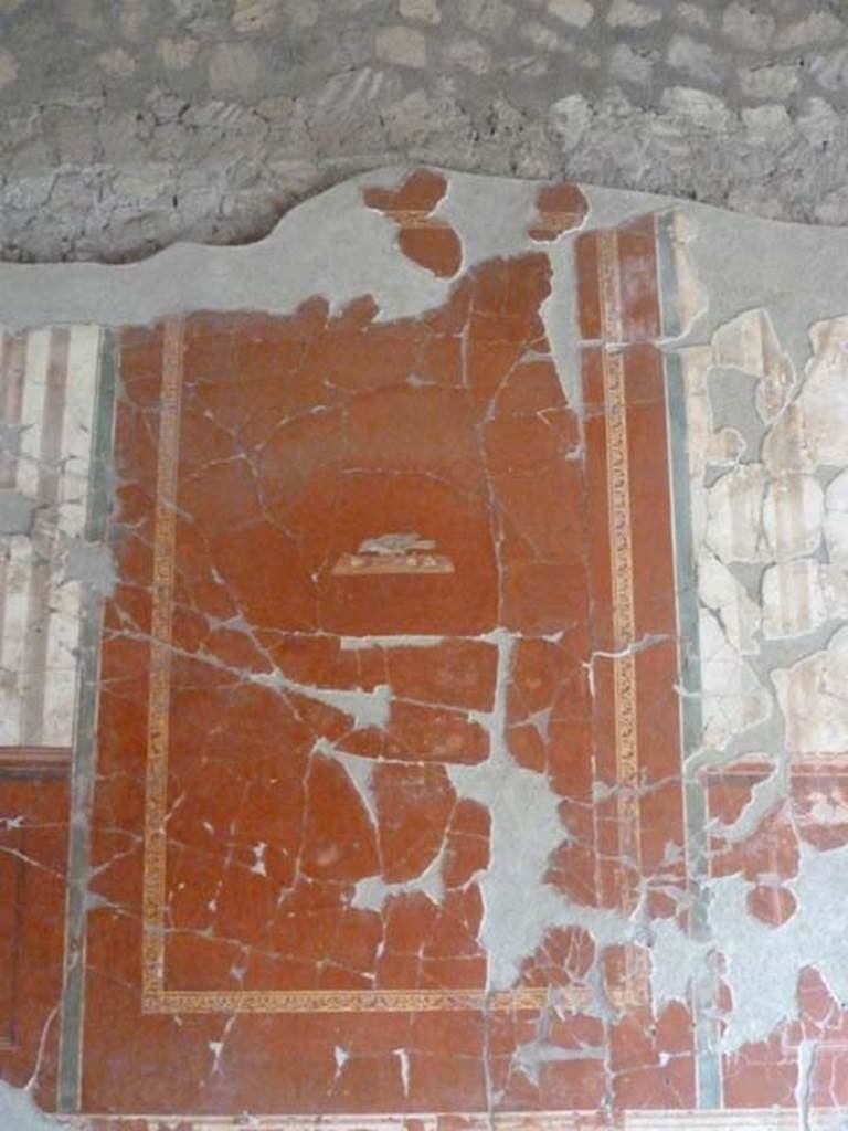 Oplontis, September 2015. Room 81, painted panel with bird pecking at fruit, from centre of north wall
