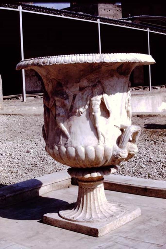 Oplontis, 1978. Large crater fountain vase positioned in the centre of the south side of the pool.  Photo by Stanley A. Jashemski.   
Source: The Wilhelmina and Stanley A. Jashemski archive in the University of Maryland Library, Special Collections (See collection page) and made available under the Creative Commons Attribution-Non Commercial License v.4. See Licence and use details. J78f0048
According to Wilhelmina, We were delighted to see they had discovered the base of the beautiful marble crater fountain in a small pool in the garden area on the south side of the swimming pool where the crater had been originally located. We had admired the fountain on a previous trip, for it had been found earlier, in the rear portico of the villa where it had been stored, possibly after the earthquake.
See Jashemski, W.F., 2014. Discovering the Gardens of Pompeii: Memoirs of a Garden Archaeologist, (p.263).
According to Wilhelmina, the base of the large crater fountain was found in fragments in passage 53, where it had been stored at the time of the eruption.
See Jashemski, W. F., 1993. The Gardens of Pompeii, Volume II: Appendices. New York: Caratzas. (p.298).
