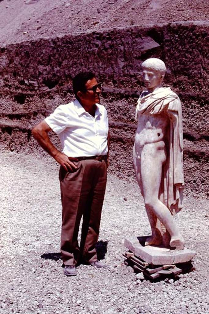Oplontis Villa of Poppea, 1978.Statue of an ephebos on its original base.  
Photo by Stanley A. Jashemski.   
Source: The Wilhelmina and Stanley A. Jashemski archive in the University of Maryland Library, Special Collections (See collection page) and made available under the Creative Commons Attribution-Non Commercial License v.4. See Licence and use details.
J78f0075
SAP inventory number 72818.
