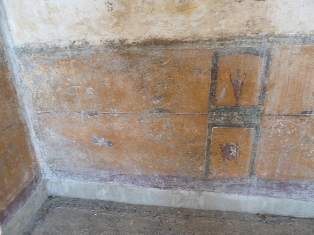 Stabiae, Villa Arianna, September 2015. Room 12, lower wall and zoccolo (dado) of south wall in south-east corner.