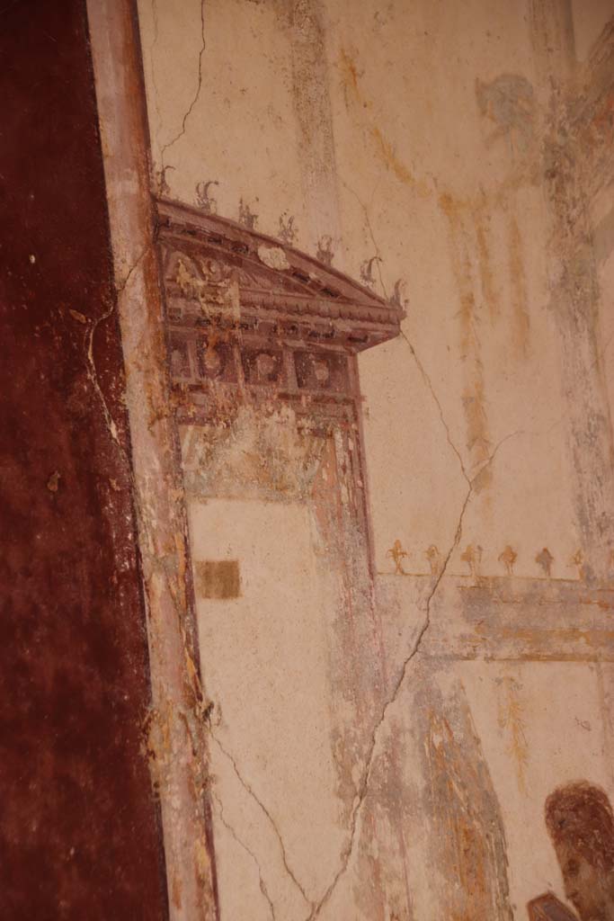 Stabiae, Villa Arianna, October 2020. Room 7, detail from south end of east wall. Photo courtesy of Klaus Heese.