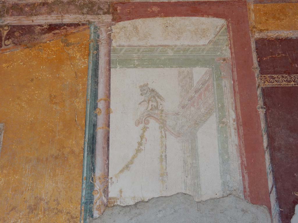 Stabiae, Villa Arianna, June 2019. Room 7, detail of painted panel on west end of south wall. Photo courtesy of Buzz Ferebee.