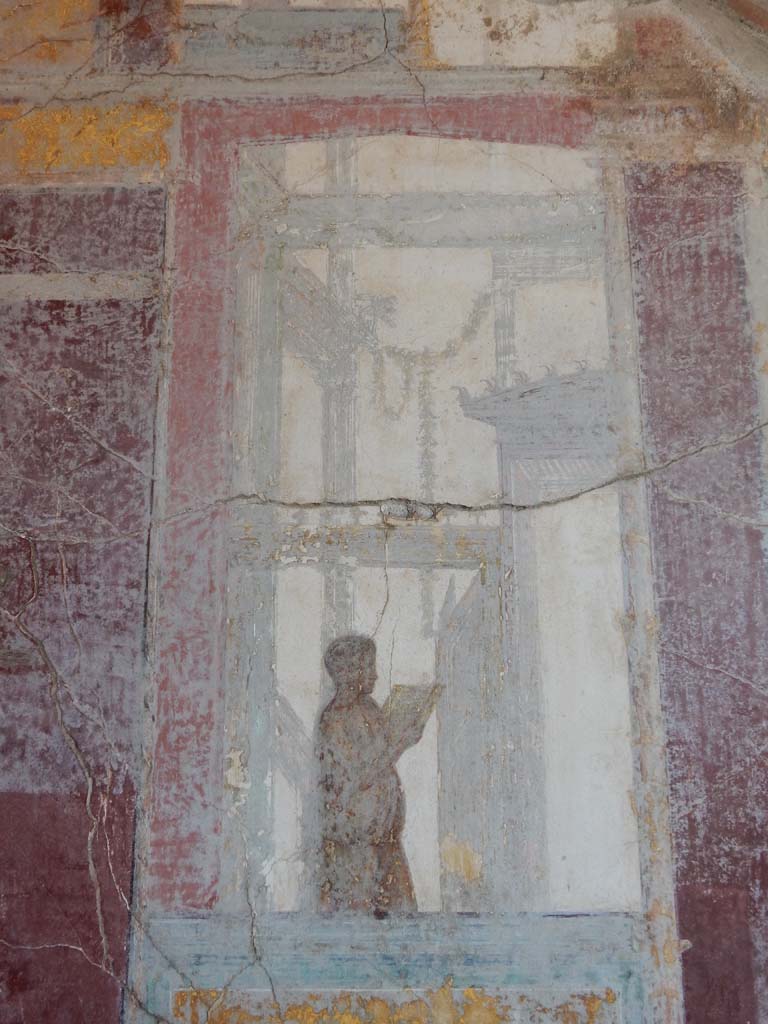 Stabiae, Villa Arianna, June 2019. Room 7, painted figure from south end of west wall. 
Photo courtesy of Buzz Ferebee.
