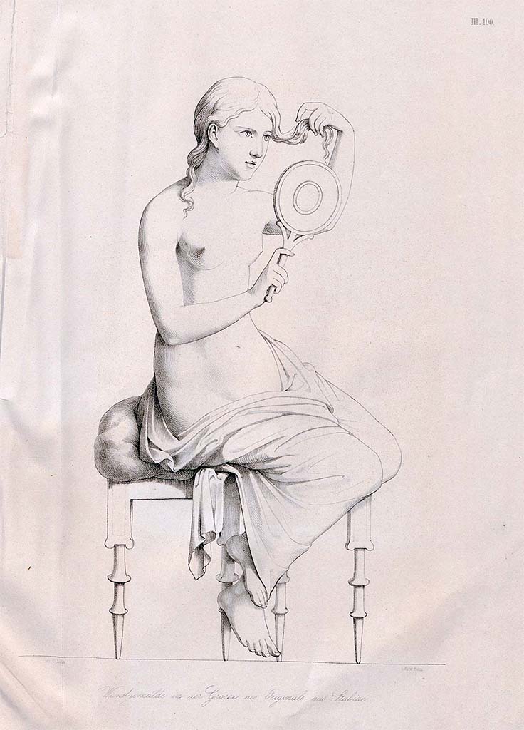 Stabiae, Villa Arianna, found 15th-17th March 1760. 
Room 7, pre-September 1859 drawing of painting by Zahn, of a seated woman sitting in front of a mirror and arranging her blonde hair.
According to Zahn, this may be “the toilette of Venus”. 
He described - the background of the painting is black, the seat is of gold, the drapery which only covered her legs is of a clear red with a white edge; the cushion is green and the mirror is of a white silver.
Now in Naples Archaeological Museum. Inventory number 9088.
See Zahn, W., 1852-59. Die schönsten Ornamente und merkwürdigsten Gemälde aus Pompeji, Herkulanum und Stabiae: III. Berlin: Reimer, taf. 100.
