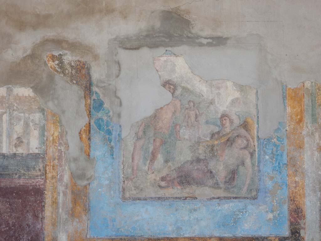 Stabiae, Villa Arianna, June 2019. Room 3, central wall painting on south wall in triclinium. 
Photo courtesy of Buzz Ferebee.
