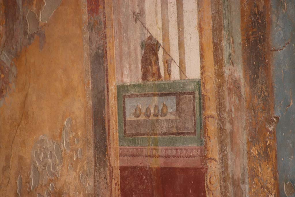 Stabiae, Villa Arianna, October 2020. Room 3, detail of painted panel with mask from west wall. Photo courtesy of Klaus Heese.