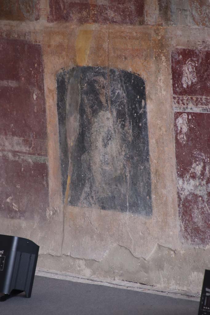 Stabiae, Villa Arianna, September 2021.  
Room 3, detail of painted figure on zoccolo at south end of west wall. Photo courtesy of Klaus Heese.
