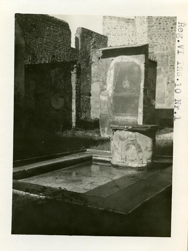 VI.10.11 Pompeii but shown as from VI.10.1 on the photo. Pre-1937-39.
Looking north-west across atrium towards the wall between rooms 9 and 8, still showing the painting of Zeus.
Photo courtesy of American Academy in Rome, Photographic Archive. Warsher collection no. 1831.
