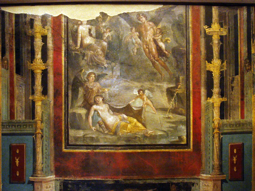 VI.10.11 Pompeii. Room 15, south wall of triclinium. Wall painting of the wedding of Zephyr and Chloris.
Now in Naples Archaeological Museum. Inventory number 9202.
Picture courtesy of Stefano Bolognini (Wikimedia Commons).