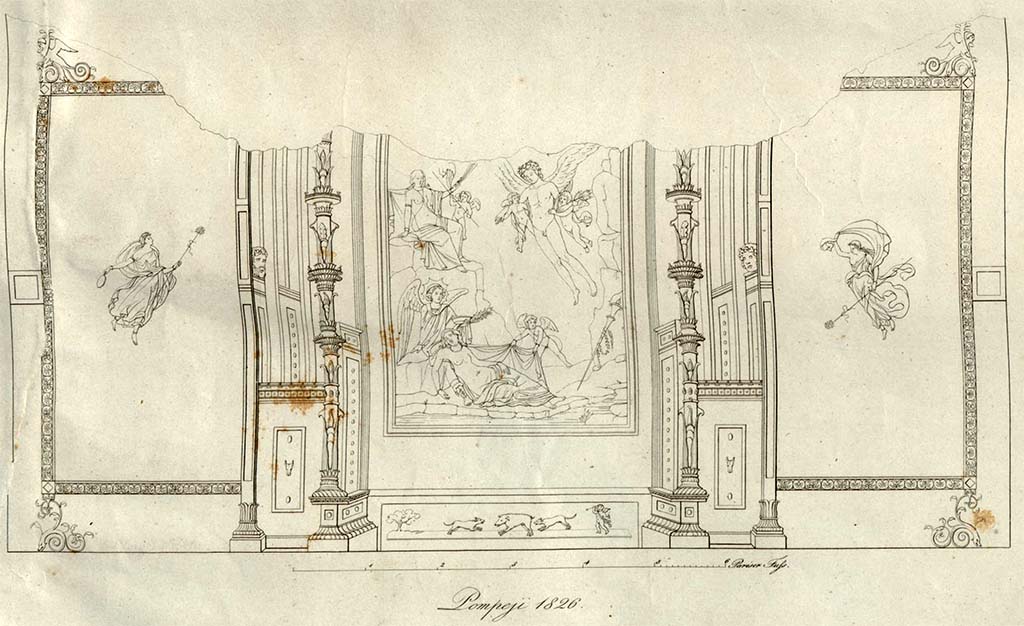 VI.10.11 Pompeii. 1828. Room 15, drawing of painting and south wall of triclinium.
See Zahn, W., 1828. Die schönsten Ornamente und merkwürdigsten Gemälde aus Pompeji, Herkulanum und Stabiae: I. Berlin: Reimer. (Tav. 13)
