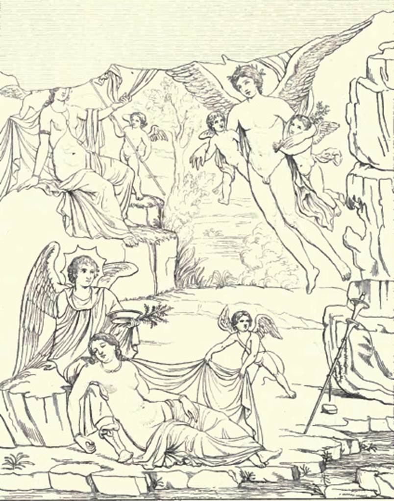 VI.10.11 Pompeii. 1828. Room 15, drawing of painting of Zephyrus and Chloris, from centre of south wall of triclinium. See Roux, H., 1839. Herculanem et Pompei recueil general des Peintures, Bronzes, Mosaiques : Tome 2. Paris: Didot. ( Pl. 75).