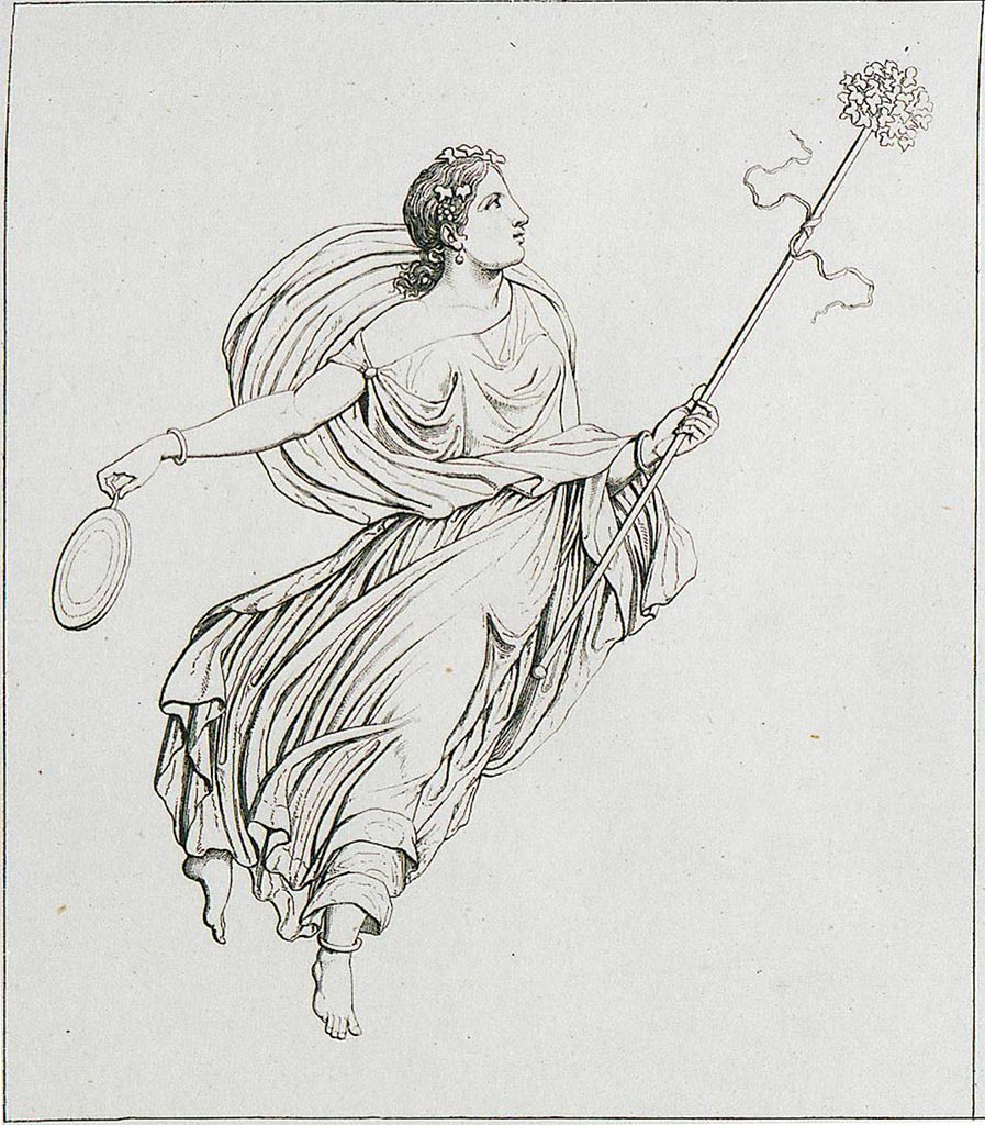 VI.10.11 Pompeii. 1835. Room 15, drawing of painting of Maenad in flight from east end of south wall of triclinium.
See Real Museo Borbonico 1835, Volume 11, Tav. IV.