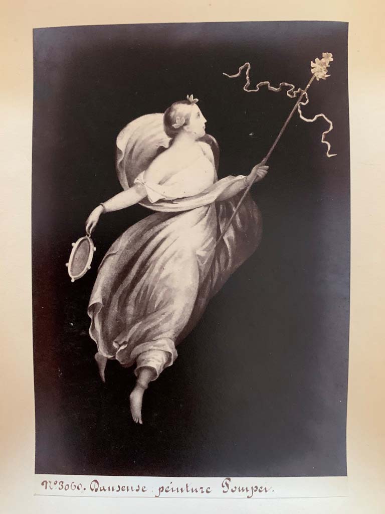 VI.10.11 Pompeii. Flying maenad.
Photograph by M. Amodio, no. 3060, Danseuse, from an album dated April 1878. Photo courtesy of Rick Bauer.
According to Curtius – she was from a black painted wall.
See Curtius, L., 1972. Die Wandmalerei Pompejis. New York: Hildesheim. (p.410, photo no.224).