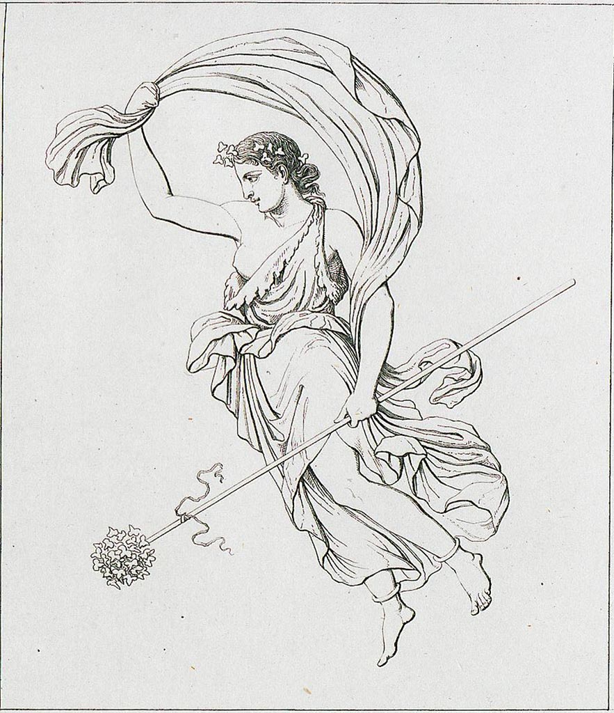 VI.10.11 Pompeii. 1835. Room 15, drawing of painting of Maenad in flight from west end of south wall of triclinium.
See Real Museo Borbonico 1835, Volume 11, Ta. IV.