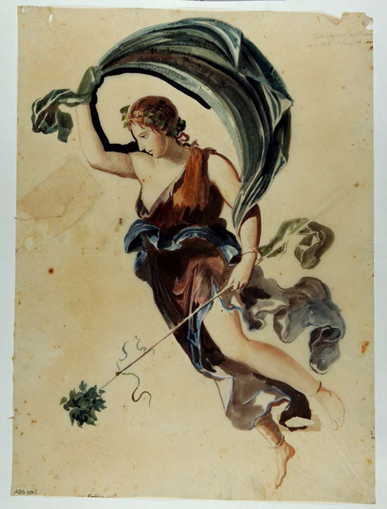 VI.10.11 Pompeii. Painting by Giuseppe Marsigli painted 10th November 1826 from the south wall of the oecus.
Now in Naples Archaeological Museum. Inventory number ADS 374c.
Photo © ICCD. http://www.catalogo.beniculturali.it
Utilizzabili alle condizioni della licenza Attribuzione - Non commerciale - Condividi allo stesso modo 2.5 Italia (CC BY-NC-SA 2.5 IT)
This painting of a Maenad was not detached and is now faded and lost.