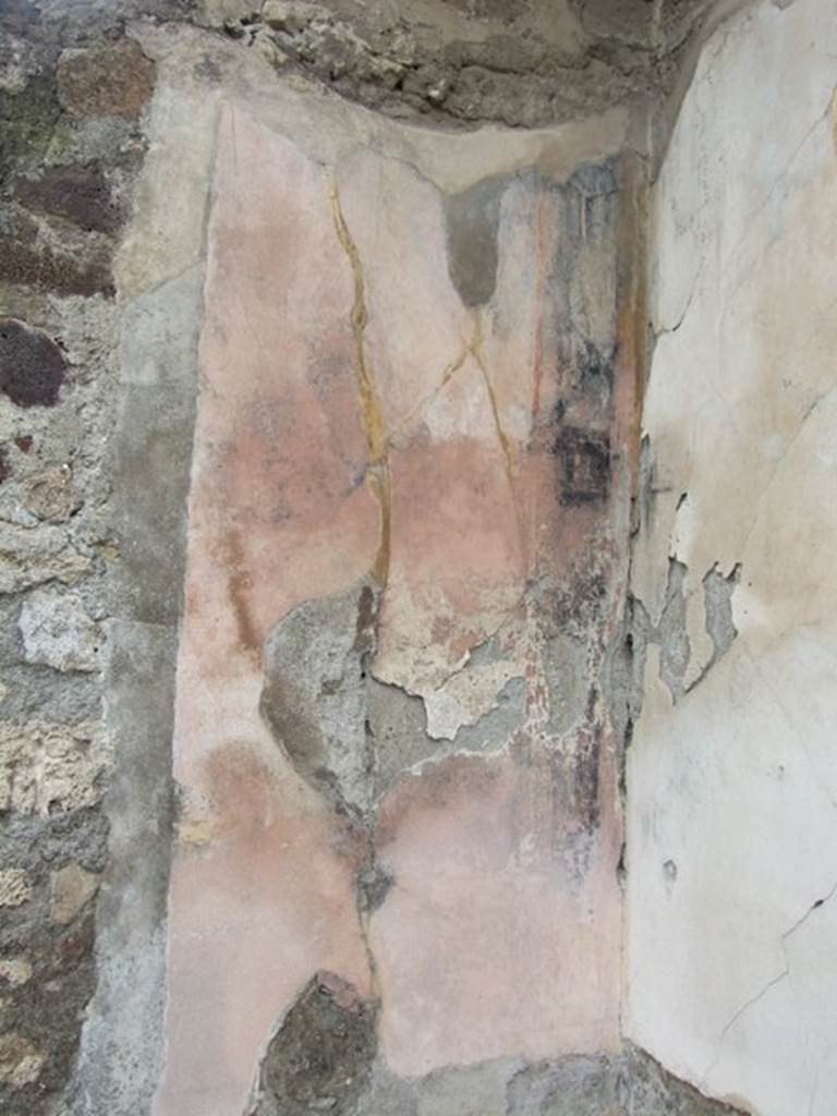 VI.10.11 Pompeii. March 2009. Room 15, remains of painted plaster at west end of south wall of triclinium.