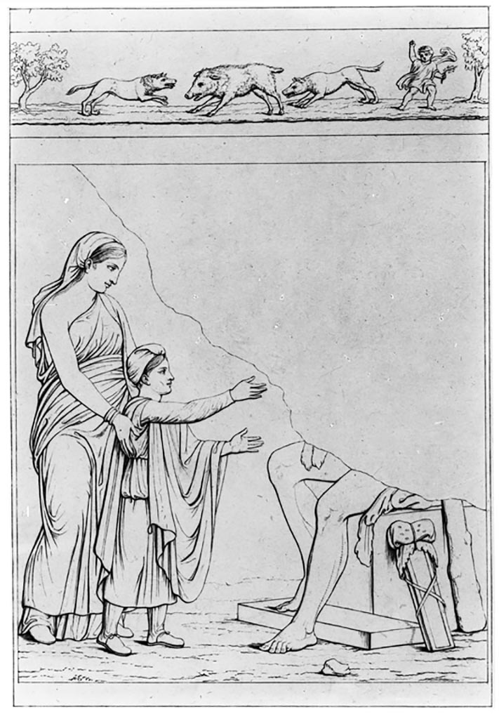 VI.10.11 Pompeii. W.163.
Room 15, remains of wall painting from centre of west wall showing Hercules, a woman and a youth.
See Real Museo Borbonico, Vol. IV, 1827, tav.32.
See Helbig, W., 1868. Wandgemälde der vom Vesuv verschütteten Städte Campaniens. Leipzig: Breitkopf und Härtel. (1147)
The panel above the wall painting showed the painting that was found on the predella of the south wall, under the central painting of the wedding of Zephyr and Chloris.
This showed a hunt, with ferocious beasts, and a cupid, and was on a black background.
Photo by Tatiana Warscher. Photo © Deutsches Archäologisches Institut, Abteilung Rom, Arkiv.