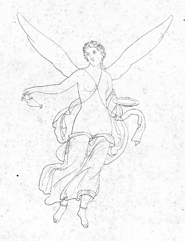 VI.10.11 Pompeii. 1828.
Drawing by Zahn of painted decoration of flying/floating figure with jug and plate, but no known location in the house. 
See Zahn W. Neu entdeckte Wandgemälde in Pompeji gezeichnet von W. Zahn [ca. 1828], taf. XL.
